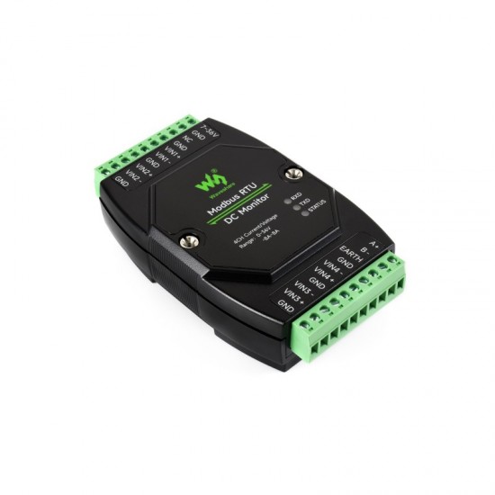Waveshare Industrial 4-Ch DC Monitoring Module, 16-bit High-Precision Acquisition, Supports Voltage and Current Measurement, Modbus RTU Protocol