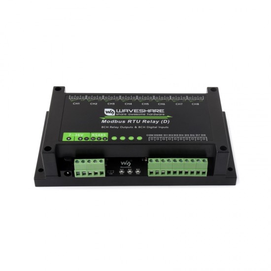 Industrial Modbus RTU 8-ch Relay Module (D) With Digital Input and RS485 Interface, Multi Isolation Protection Circuits, 7~36V Power Supply