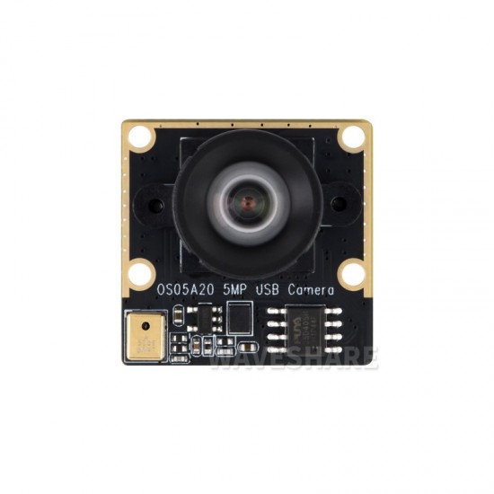 Waveshare OS05A20 5MP USB camera module type C, supports USB2.0 port, onboard single microphone, 91.7° FOV distortion-free lens