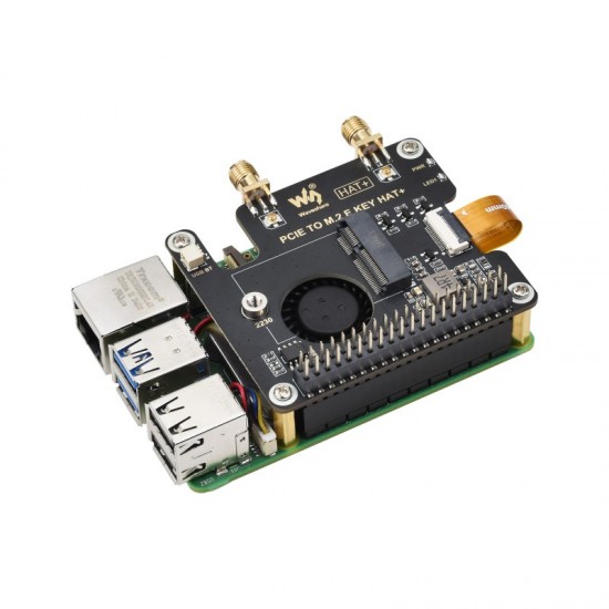 Waveshare PCIe To M.2 E KEY HAT for Raspberry Pi 5, Compatible With NGFF (M.2 E Key) Wireless NIC, Supports USB Bluetooth Connection, HAT+ Standard