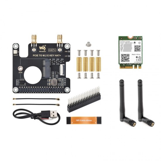 Waveshare PCIe To M.2 E KEY HAT for Raspberry Pi 5, Compatible With NGFF (M.2 E Key) Wireless NIC, Supports USB Bluetooth Connection, HAT+ Standard - With Wireless AX210 Module