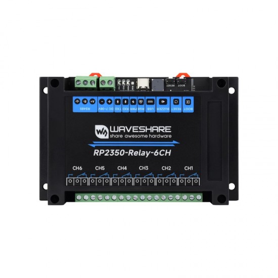 Waveshare Industrial 6-Channel RP2350 Relay Module, Onboard RS485 / Pico HAT interfaces, With Multiple Isolation Protection Circuits, Industrial-Grade, Rail-Mount Case Waveshare Industrial 6-Channel RP2350 Relay Module, Onboard RS485 / Pico HAT interfaces, With Multiple Isolation Protection Circuits, Industrial-Grade, Rail-Mount Case