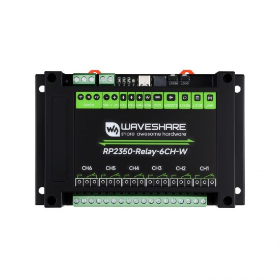 Waveshare Industrial 6-Channel RP2350 Relay Module, Onboard RS485 / Pico HAT interfaces, With Multiple Isolation Protection Circuits, Industrial-Grade, Rail-Mount Case, with Wi-Fi Module Waveshare Industrial 6-Channel RP2350 Relay Module, Onboard RS485 / Pico HAT interfaces, With Multiple Isolation Protection Circuits, Industrial-Grade, Rail-Mount Case, with Wi-Fi Module