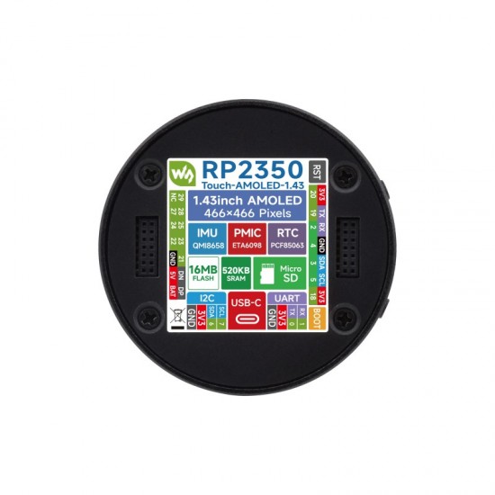 RP2350 1.43inch AMOLED Display Development Board, 466×466, SPI Interface Round Display, Onboard Accelerometer And Gyroscope Sensor, RTC Chip with Metal Case RP2350 1.43inch AMOLED Display Development Board, 466×466, SPI Interface Round Display, Onboard Accelerometer And Gyroscope Sensor, RTC Chip with Metal Case