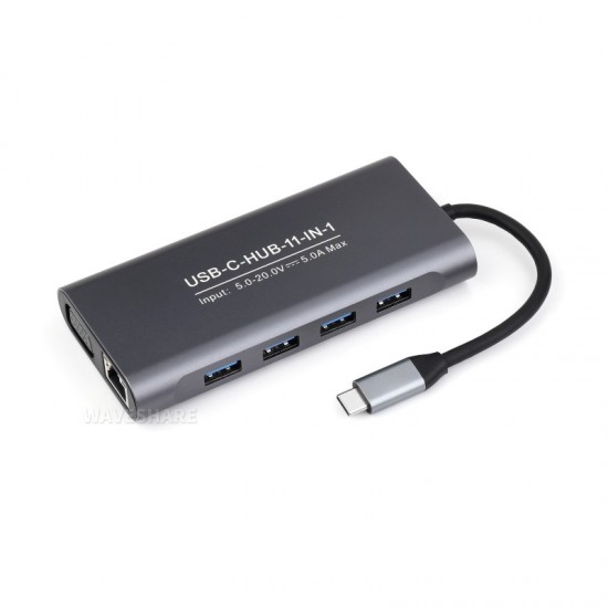 Waveshare USB-C 11-in-1 Hub, RJ45 100Mbps Ethernet Port, 4K High Definition HDMI Port, SD/TF Dual Card Slots, 100W PD Input, Aluminum Alloy Case, Plug And Play