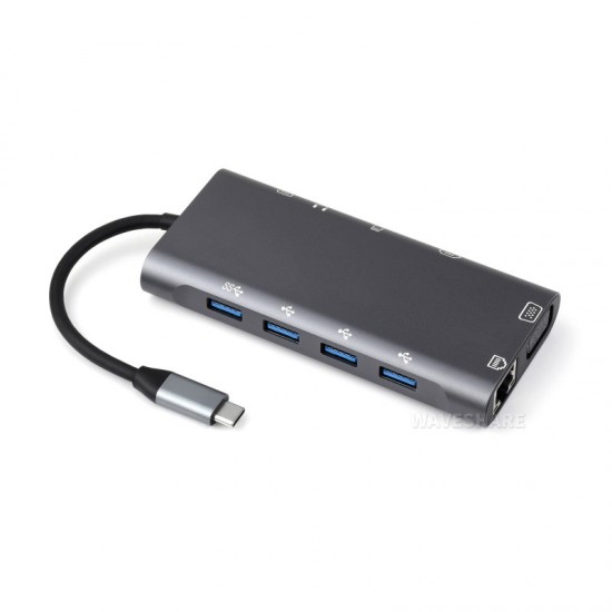 Waveshare USB-C 11-in-1 Hub, RJ45 100Mbps Ethernet Port, 4K High Definition HDMI Port, SD/TF Dual Card Slots, 100W PD Input, Aluminum Alloy Case, Plug And Play