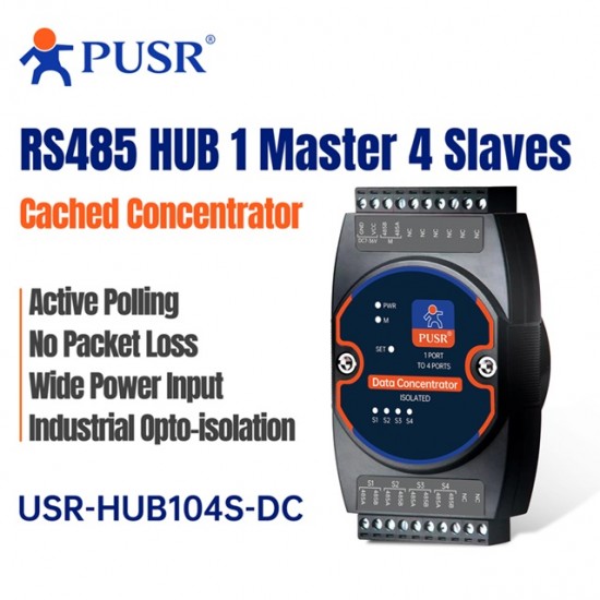 USR‑HUB104S-DC Industrial Grade RS485 HUB - 1 Master to 4 Slaves - 3kV Optical Isolation