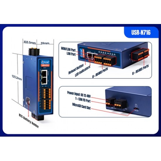 USR-N716 16-CH RS485 Edge Serial Device Server- Based on RK3506J Triple Core Processor - 512MB DDR3 + 8GB eMMC - 1-CANFD & 2-ETH Ports USR-N716 16-CH RS485 Edge Serial Device Server- Based on RK3506J Triple Core Processor - 512MB DDR3 + 8GB eMMC - 1-CANFD & 2-ETH Ports