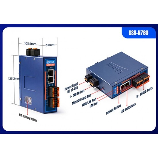 USR-N780 8-CH RS485 Edge Serial Device Server- Based on RK3506J Triple Core Processor - 512MB DDR3 + 8GB eMMC - 1-CANFD & 2-ETH Ports USR-N780 8-CH RS485 Edge Serial Device Server- Based on RK3506J Triple Core Processor - 512MB DDR3 + 8GB eMMC - 1-CANFD & 2-ETH Ports