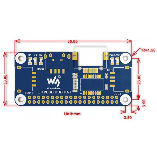 Waveshare Ethernet / USB HUB HAT for Raspberry Pi, 1x RJ45, 3x USB for Raspberry Pi 