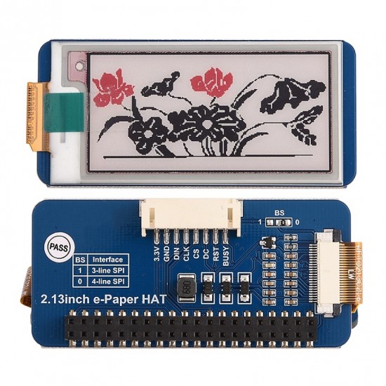 212x104, 2.13inch E-Ink display HAT(B) for Raspberry Pi three-color white / red / black , SPI interface