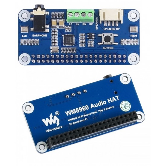 WM8960 Hi-Fi Sound Card HAT for Raspberry Pi, Stereo CODEC, Play/Record